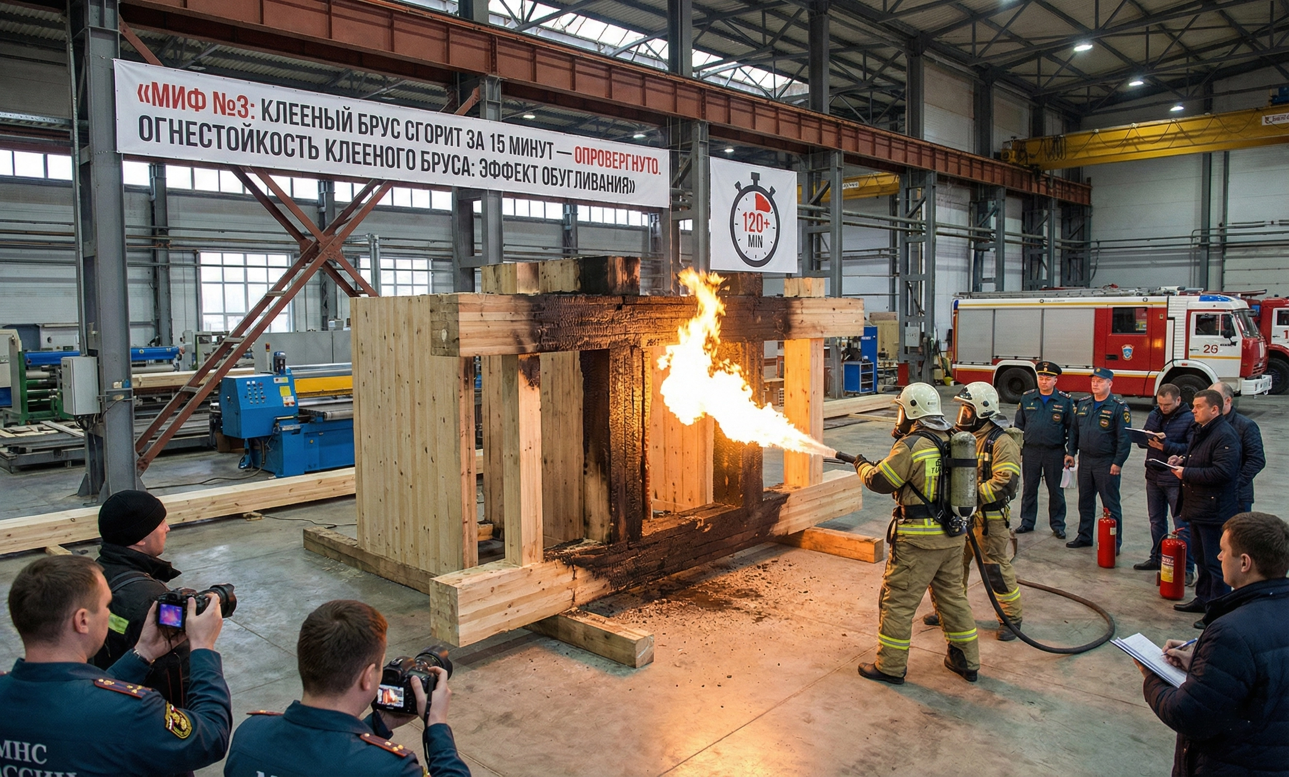 Миф №3: «Дом из клееного бруса сгорит за 15 минут»