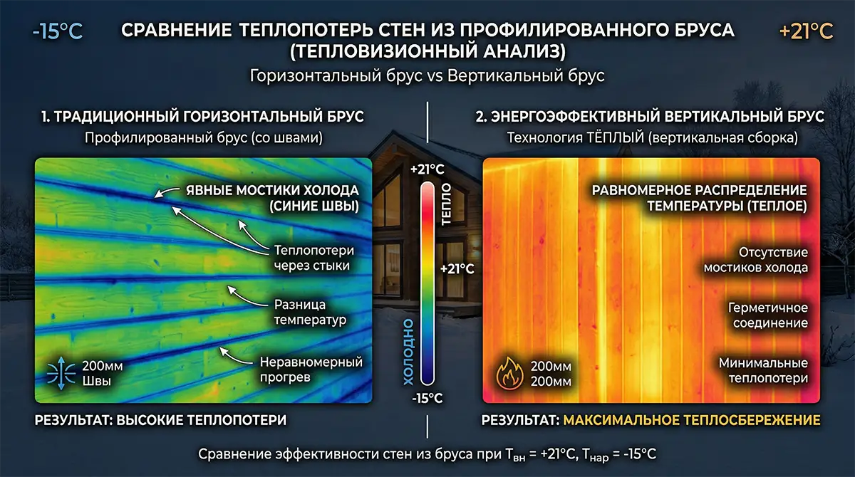 Сравнение двойной стены из вертикального бруса с воздушными камерами и массивного клеёного бруса