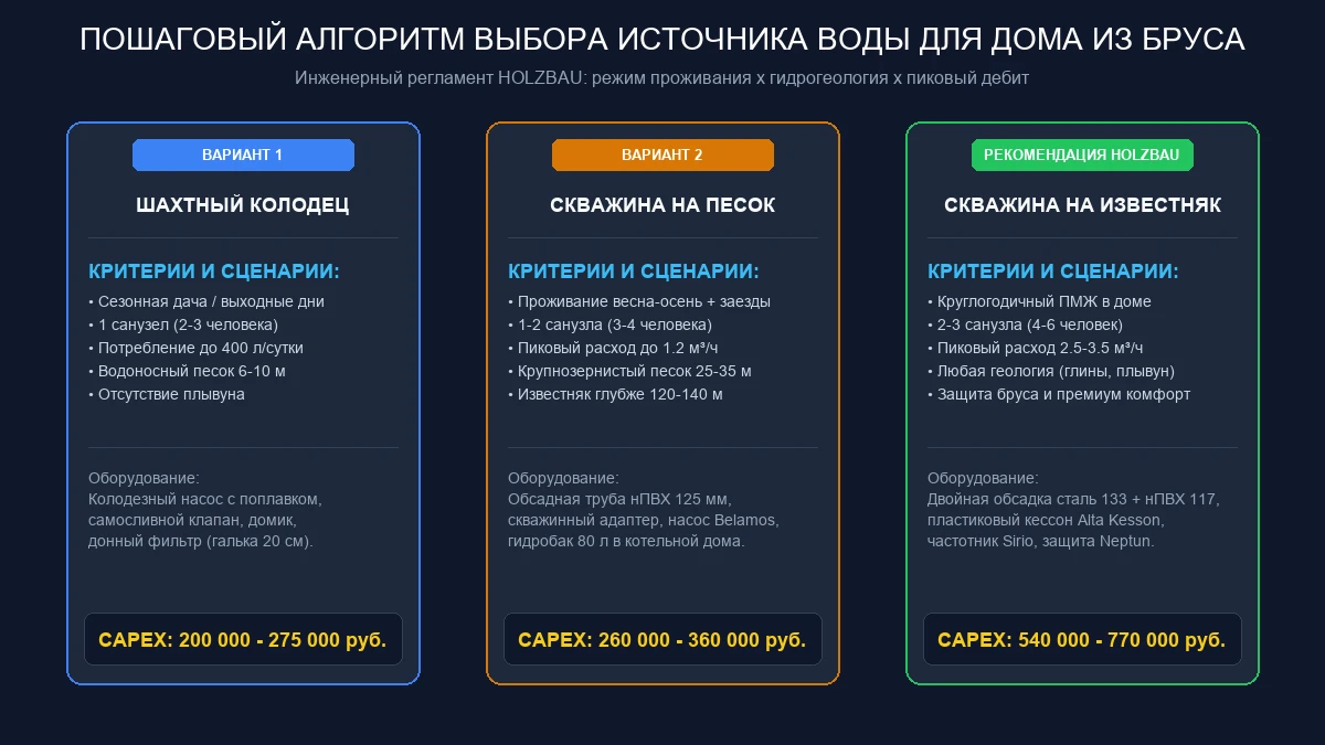 Блок-схема алгоритма выбора источника водоснабжения: колодец, скважина на песок или артезианская скважина