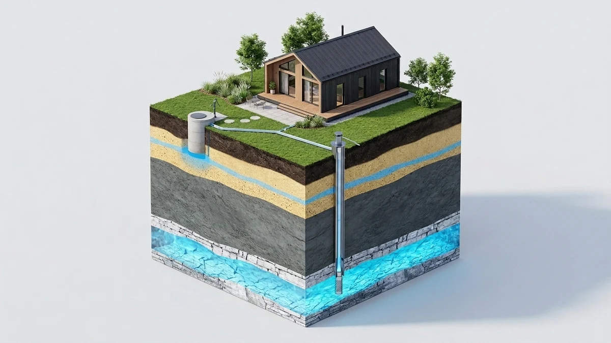 Инженерная 3D-схема водоносных горизонтов Московской области: колодец, скважина на песок и известняк
