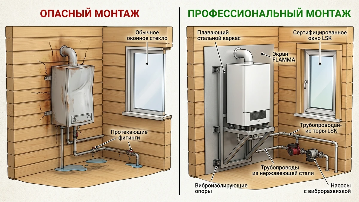 Типичные ошибки монтажа котельной в деревянном доме: сравнение неправильной и профессиональной установки