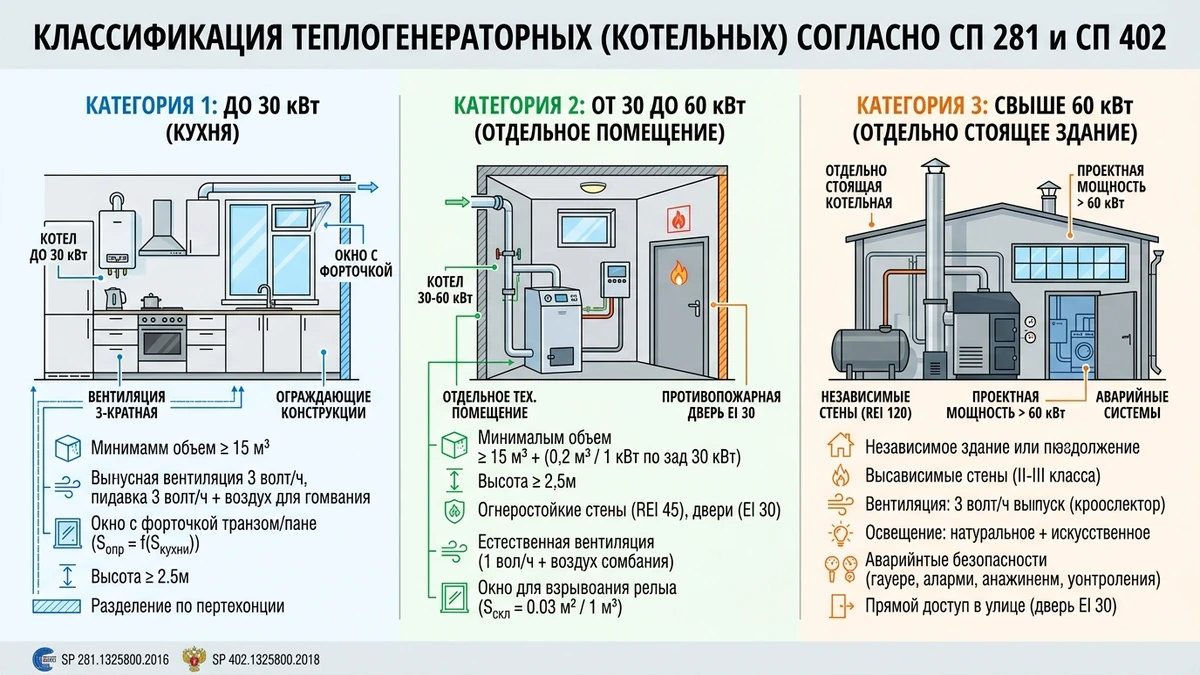 Классификация помещений котельных и теплогенераторных установок в частном доме по СП 281 и СП 402