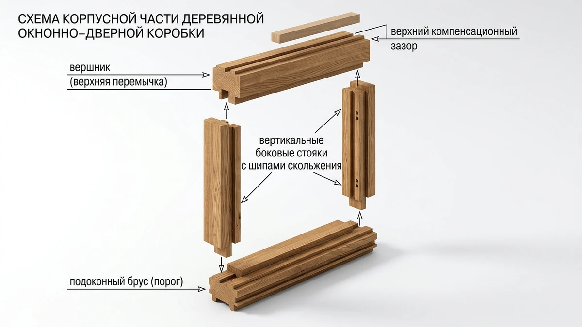 Анатомия и кинематика скользящей обсадной коробки в доме из клееного бруса: вершник, стояки, порог и компенсационный зазор
