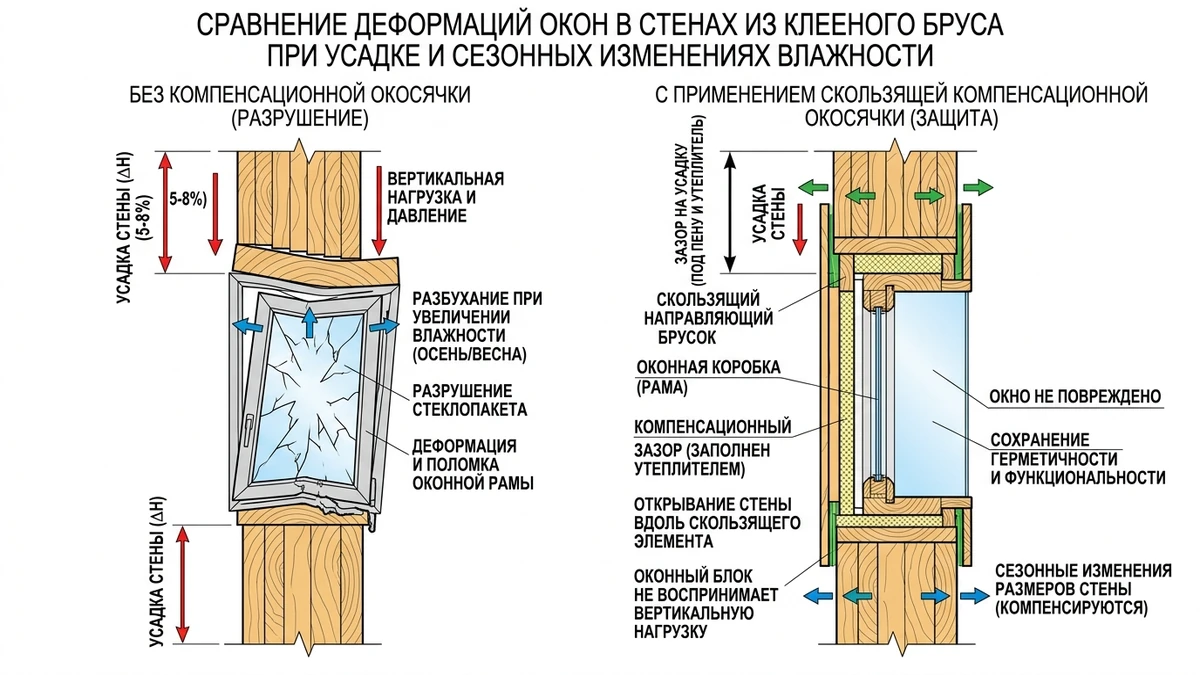 Физика усадки клееного бруса и воздействие вертикальных нагрузок на оконные и дверные рамы