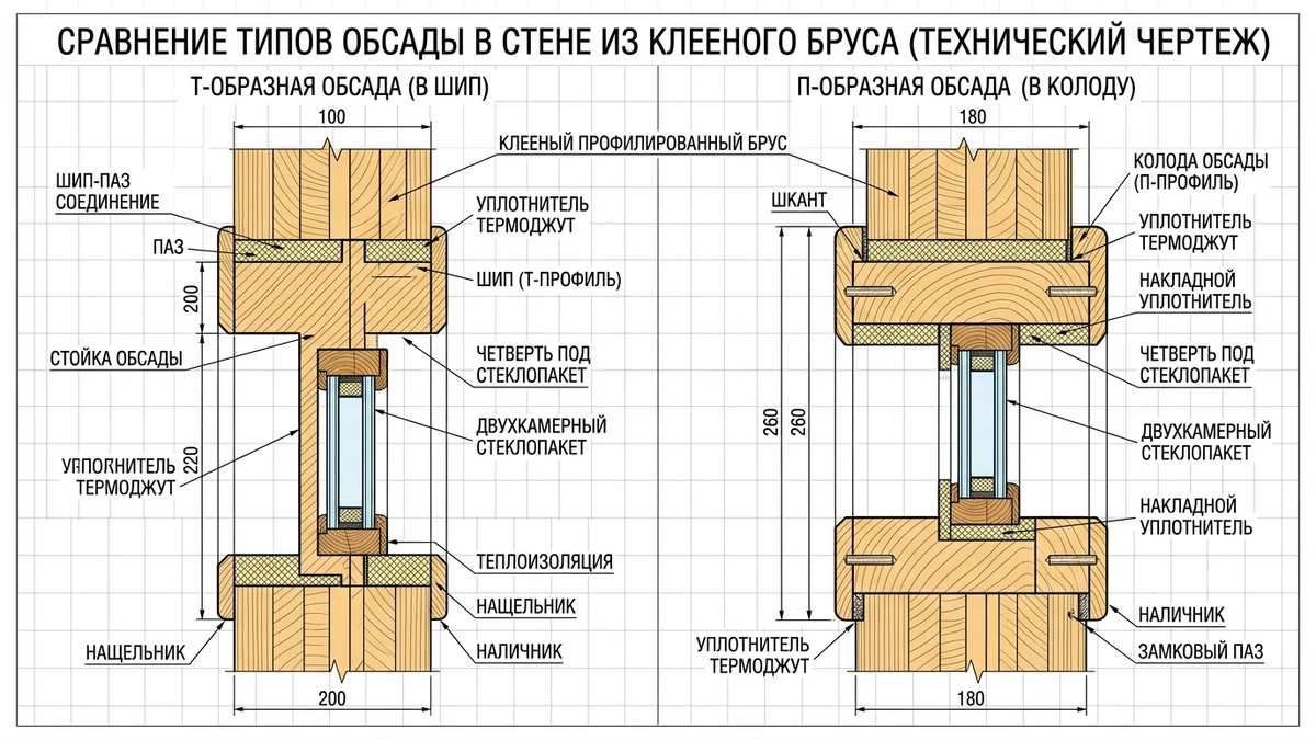 Сравнение конструкций Т-образной и П-образной обсады в стене из клееного бруса