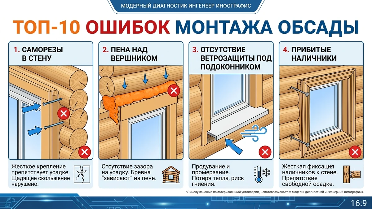 Критические ошибки кустарного монтажа окосячки: саморезы в стену, пена над вершником, перекос рамы