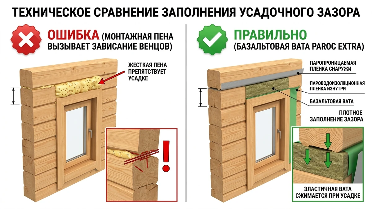 Правильное утепление верхнего усадочного зазора обсады упругой базальтовой ватой