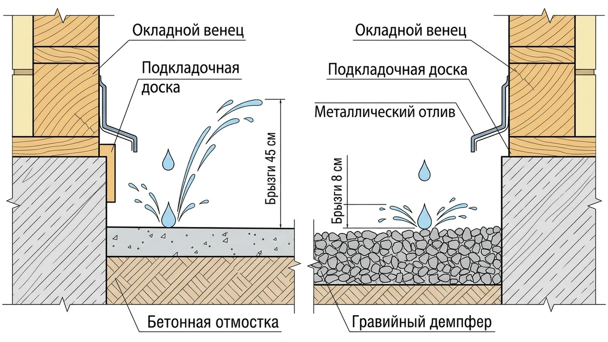 Физика капельного рикошета и отскока брызг на окладной венец деревянного дома