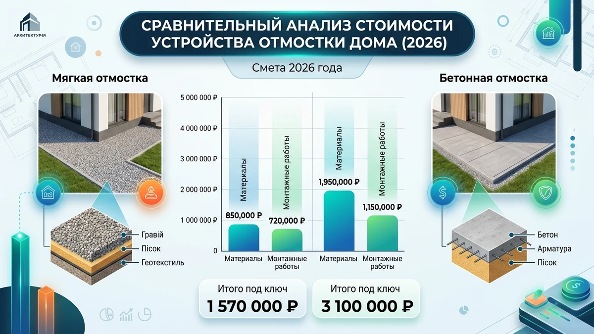 Детальная сметная таблица стоимости мягкой и бетонной отмостки под ключ в 2026 году