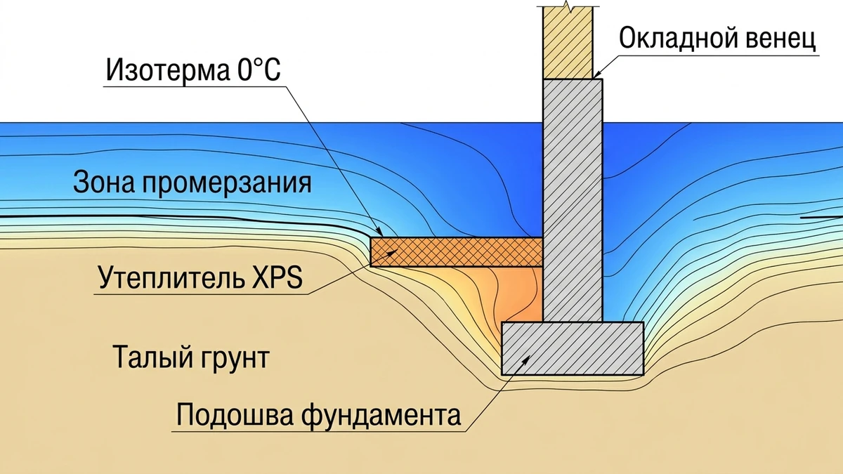 Схема температурных изотерм и утепления отмостки плитами XPS