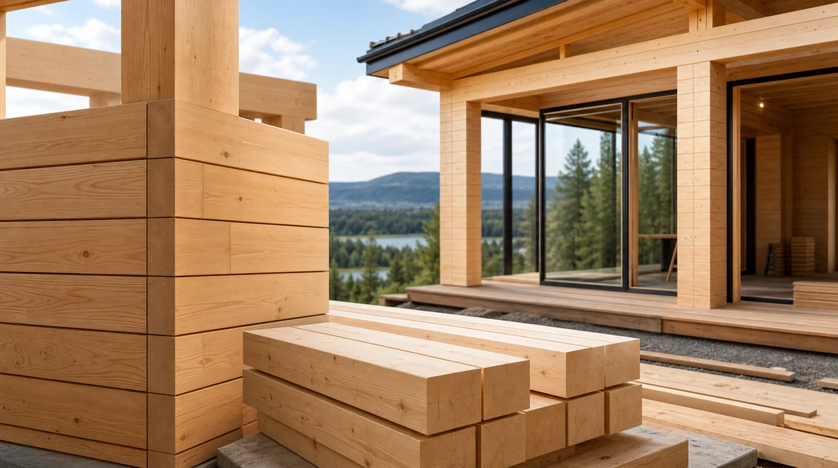 Гладкий клееный брус в узле современного энергоэффективного дома HOLZBAU