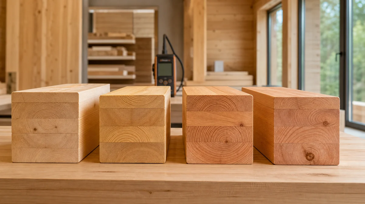 Образцы разных пород древесины для клееного бруса в мастерской HOLZBAU