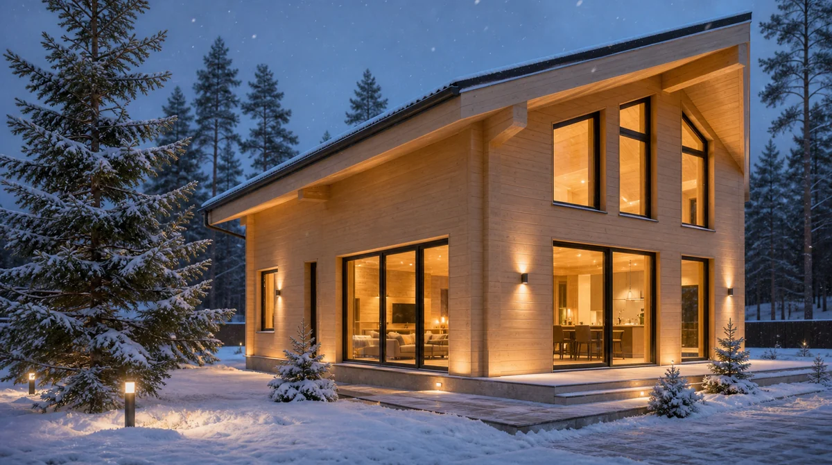 Готовый теплый дом HOLZBAU из гладкого клееного бруса зимой