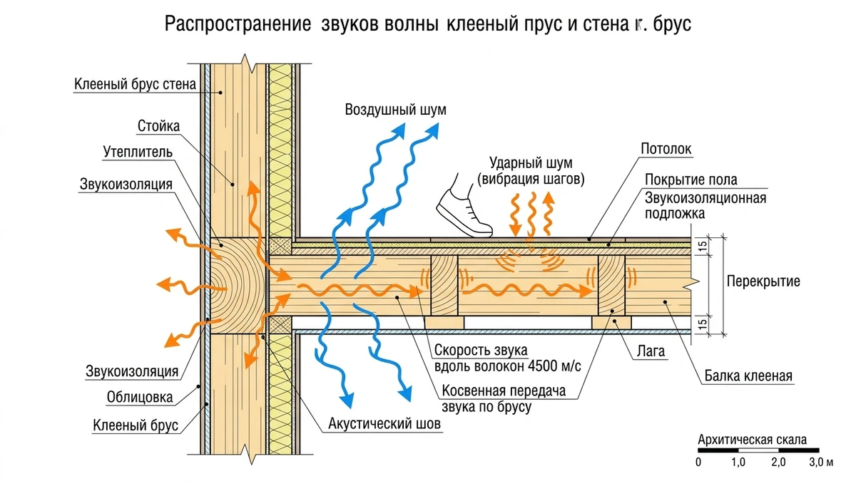 Схема распространения звуковых волн и вибраций в конструкциях из клееного бруса