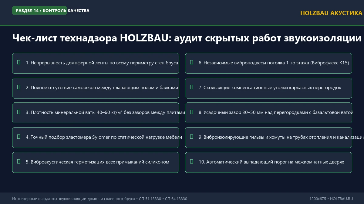 Чек-лист проверки качества звукоизоляции перекрытий и стен в доме из клееного бруса