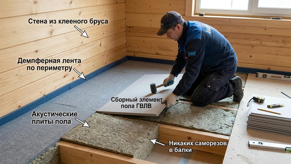 Пошаговый монтаж звукоизоляционного плавающего пола в доме из клееного бруса