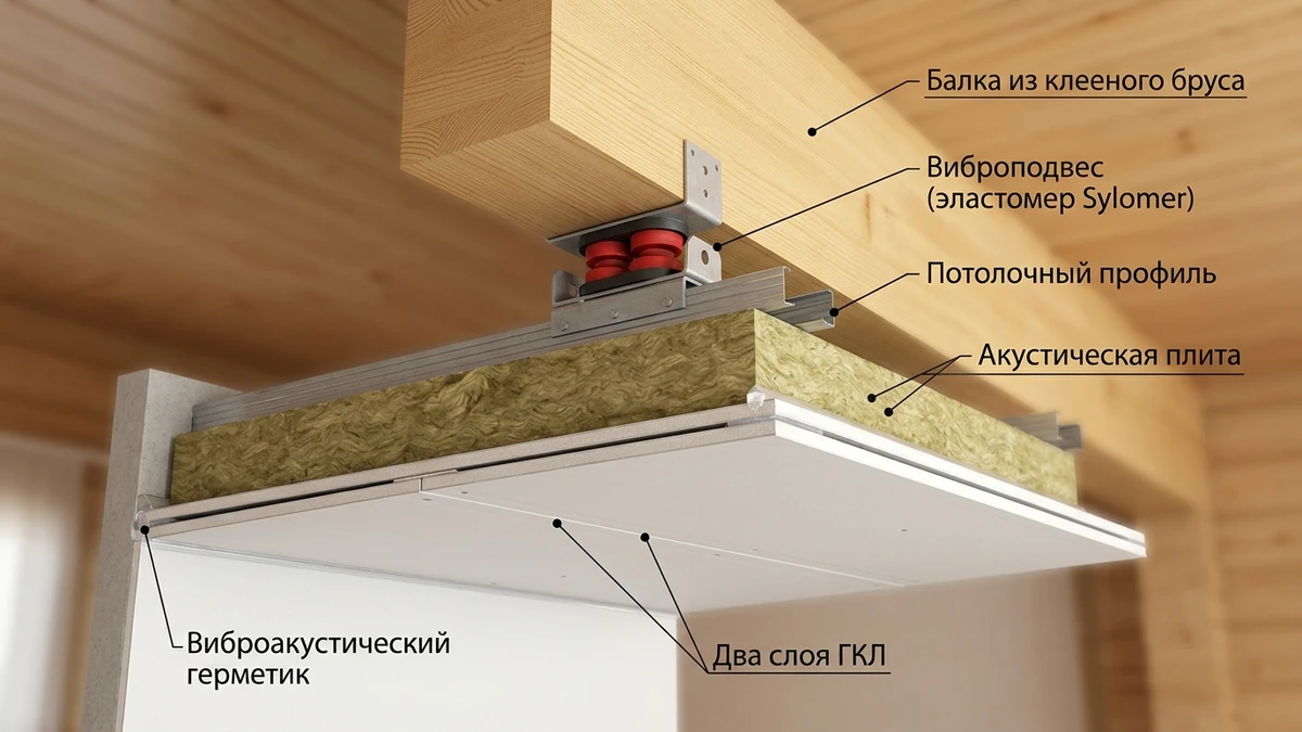 Устройство звукоизоляционного потолка на виброподвесах к балкам из клееного бруса