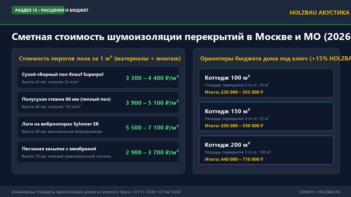 Смета и стоимость звукоизоляции перекрытий в доме из клееного бруса в Москве в 2026 году
