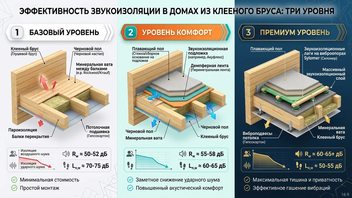 Сравнение базового, комфортного и премиального уровней шумоизоляции в доме из клееного бруса