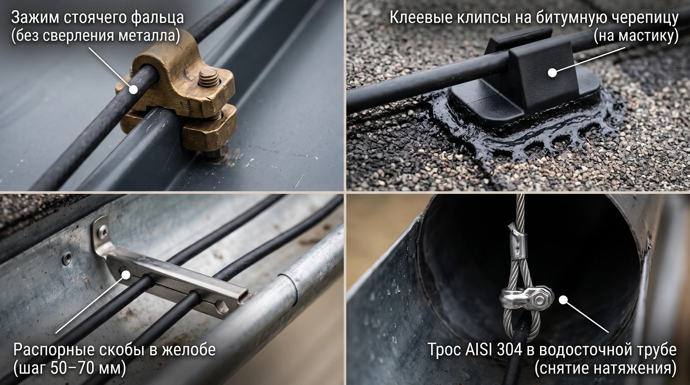 Способы бессверловочного крепления греющего кабеля кровельными зажимами и клипсами на фальце, металлочерепице и мягкой кровле