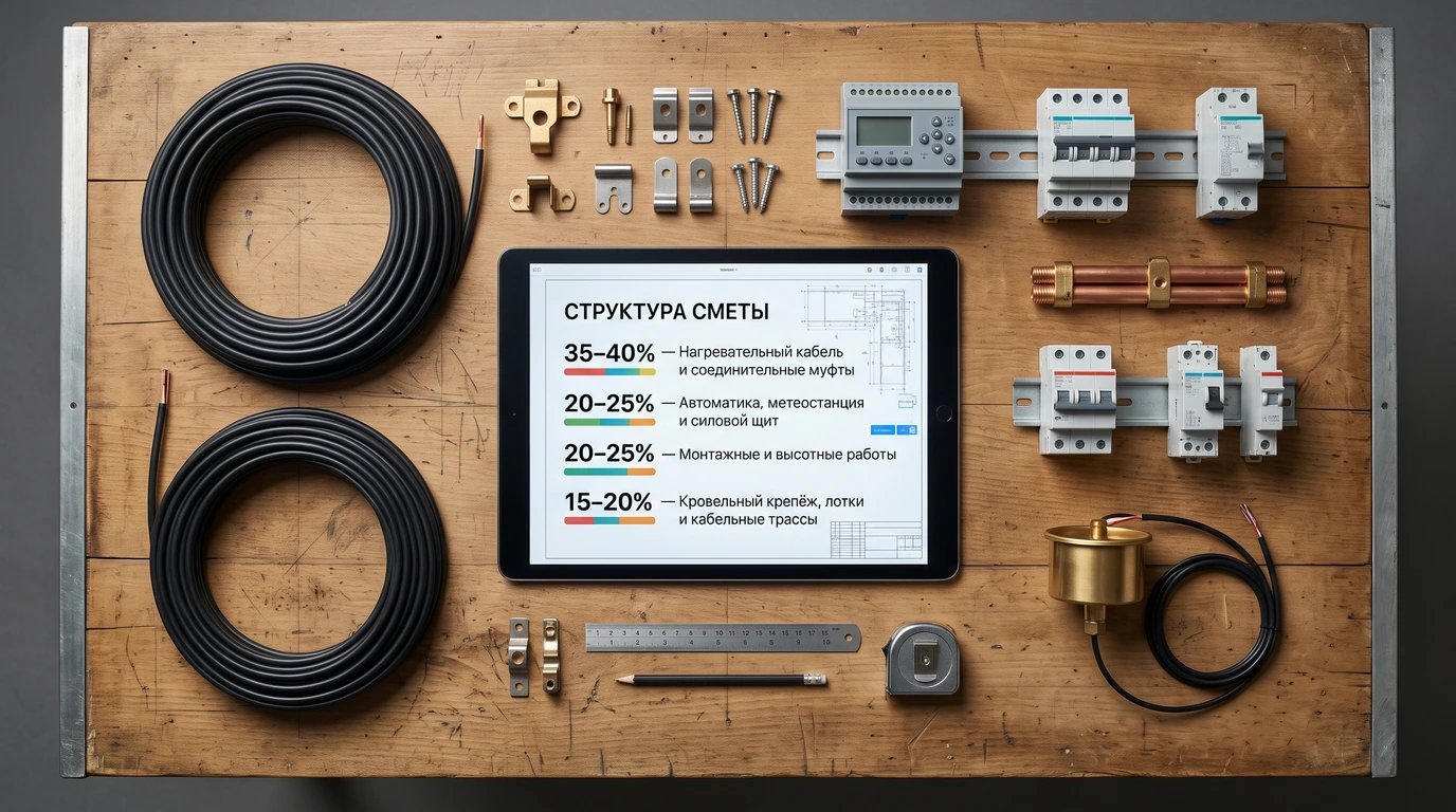 Диаграмма структуры сметных затрат на монтаж системы снеготаяния кровли коттеджа под ключ