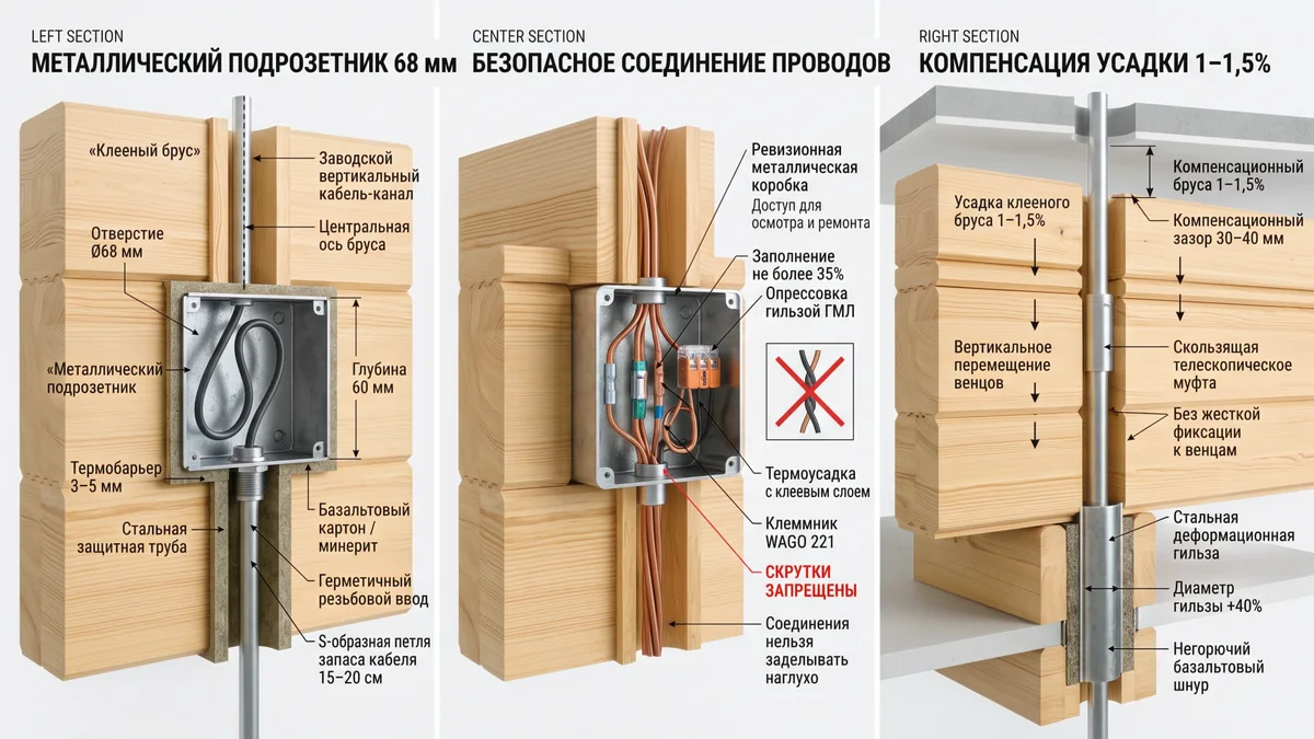 Схемы установки металлического подрозетника, соединения проводов и компенсации усадки бруса