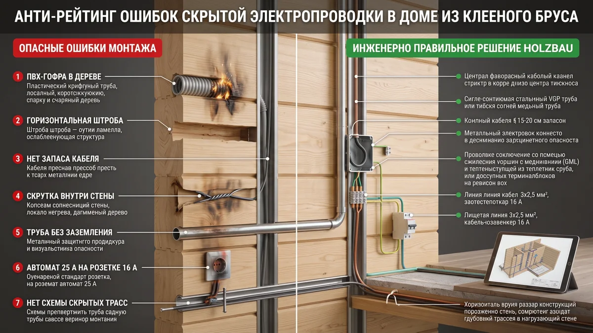 Инфографика семи ошибок скрытого электромонтажа в деревянном доме и вариантов их предотвращения