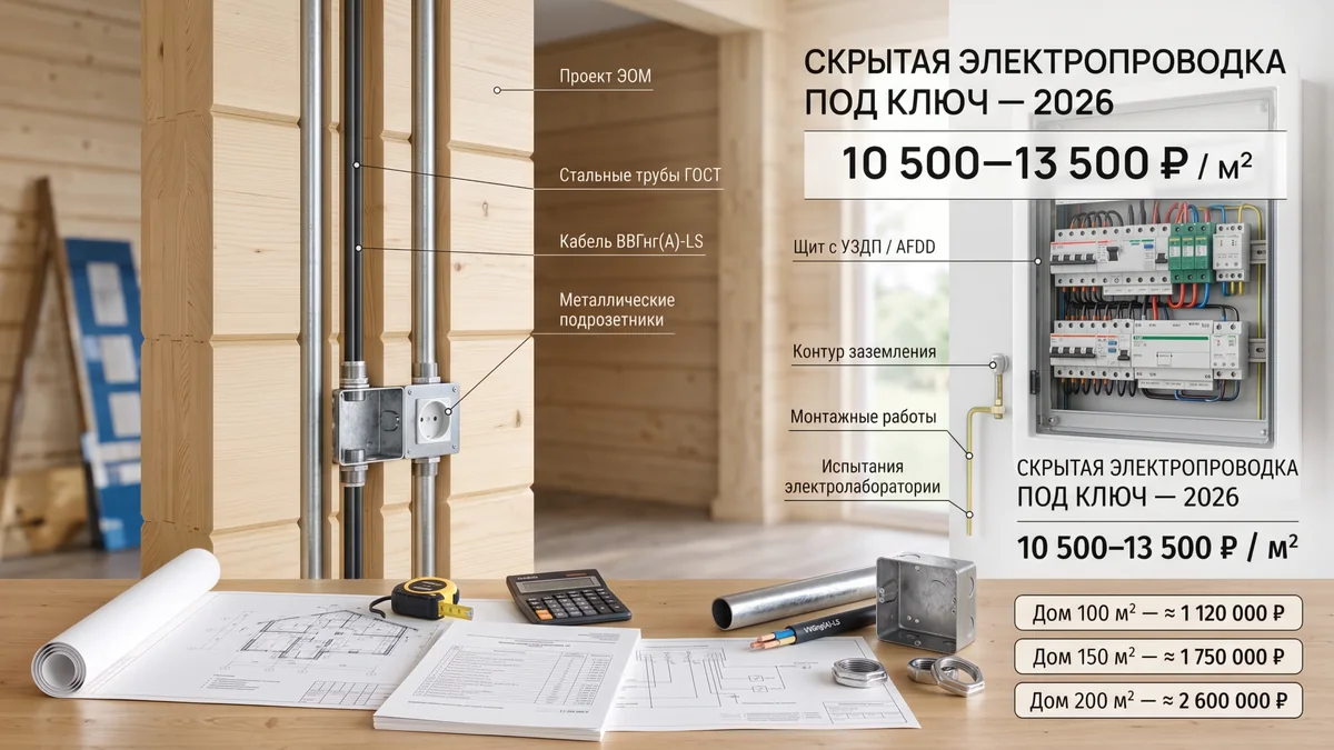 Иллюстрация сметы скрытой электропроводки с трубами, электрощитом и расчётами для домов разной площади