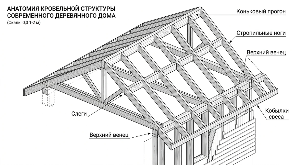 Анатомия стропильной системы деревянного дома: стропила, коньковый прогон, мауэрлат, слеги и кобылки