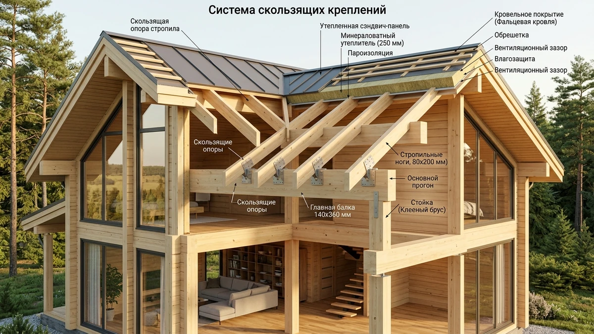Устройство стропильной системы деревянного дома из клееного бруса на скользящих опорах