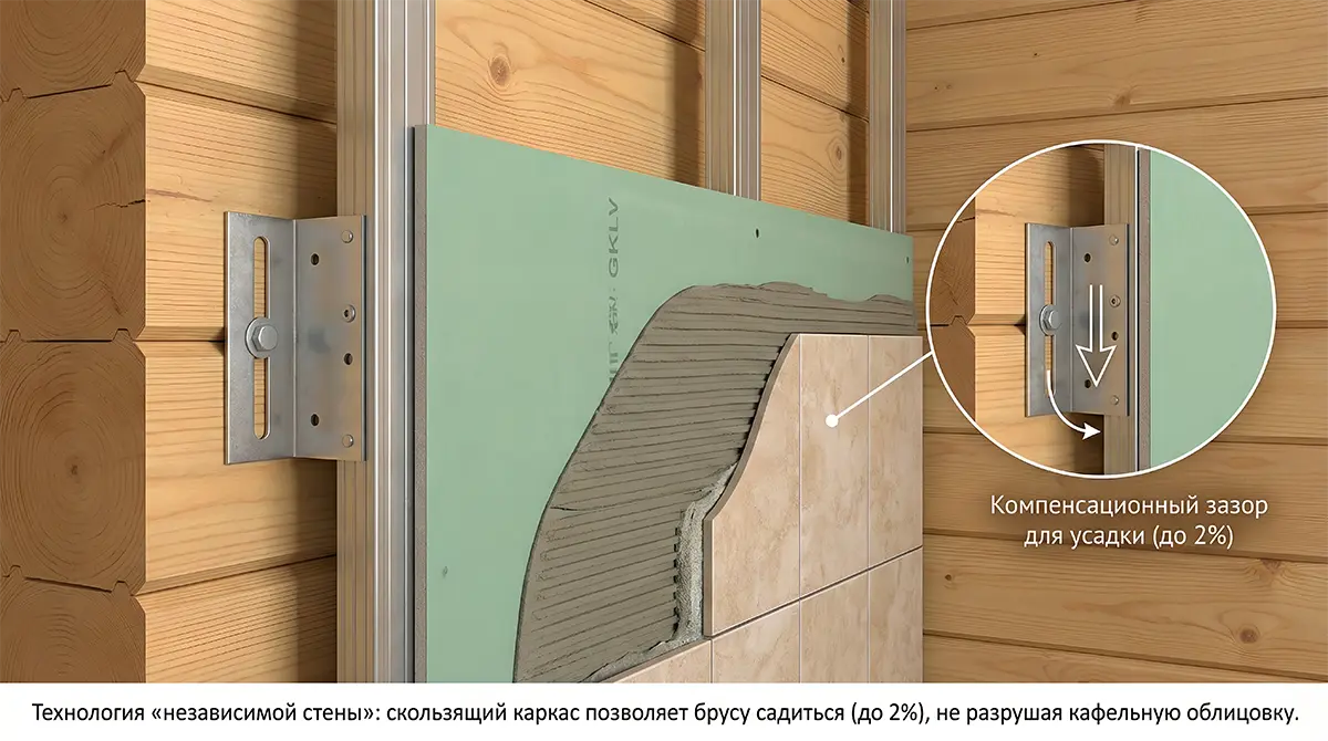 Схема устройства скользящего каркаса для обшивки стен плиткой в доме из клееного бруса. Металлический профиль с компенсационным зазором для усадки.